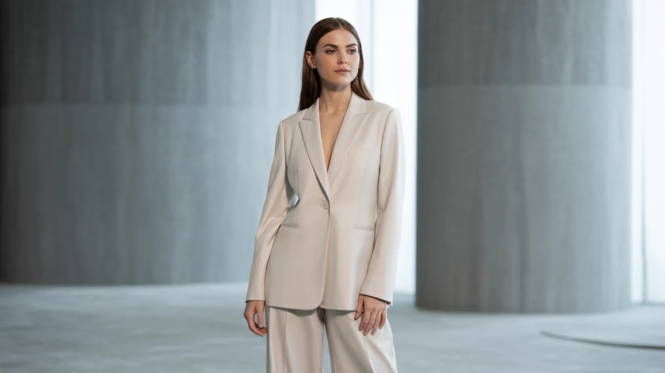 A woman wearing a white suit and heels stands confidently, showcasing a professional and stylish appearance.