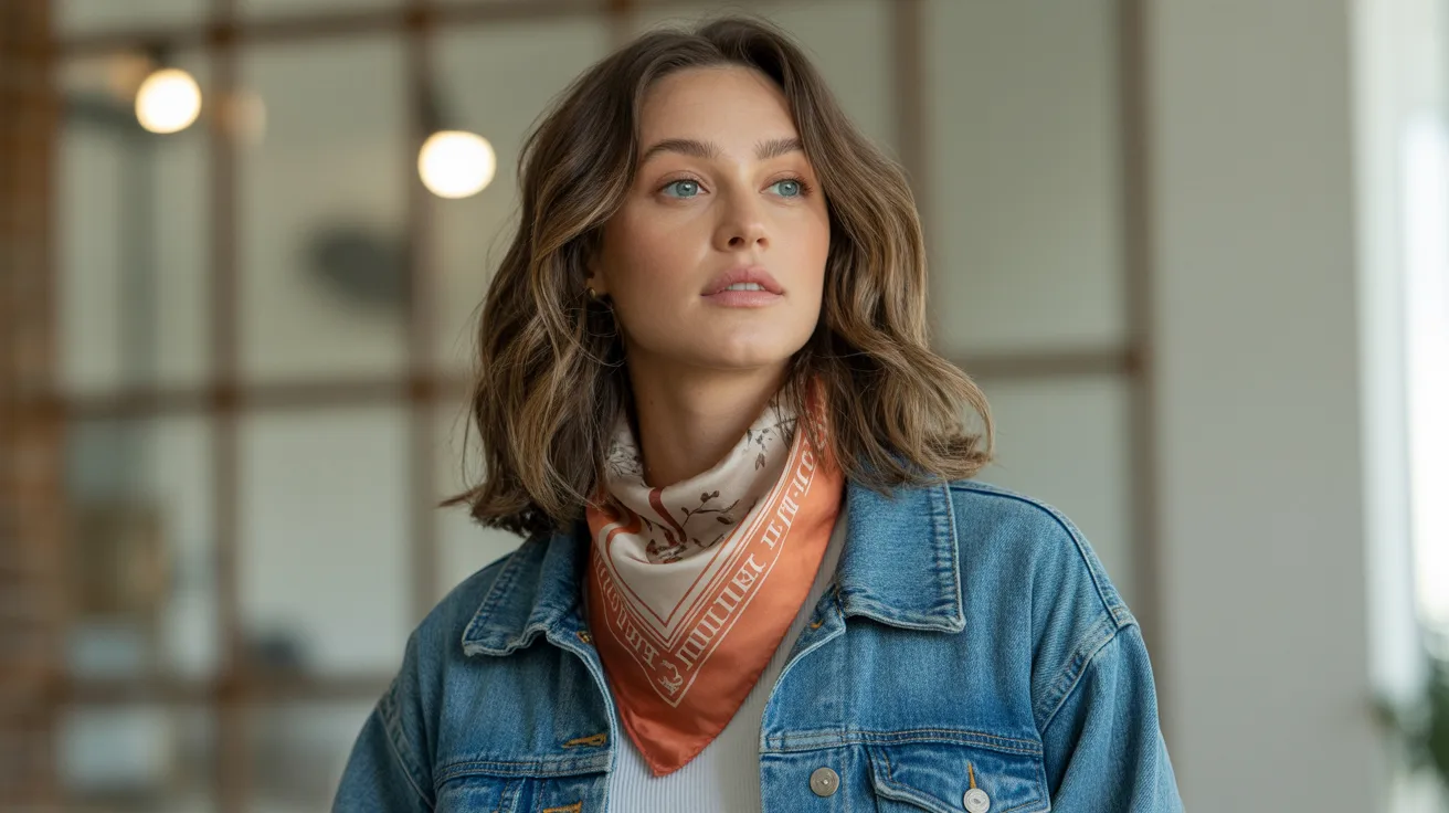 A woman dressed in a denim jacket and a scarf, looking confidently at the camera.