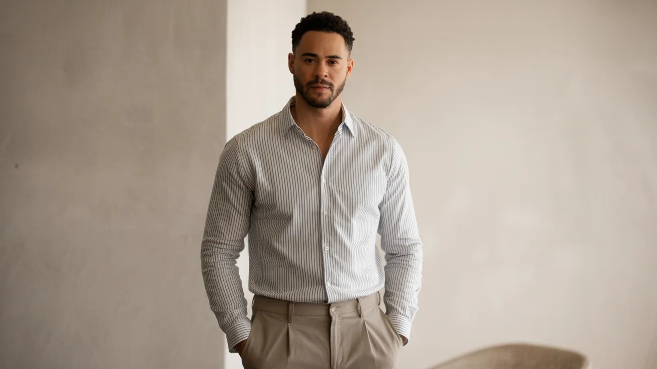 A man wearing a shirt and pants stands in a room, looking towards the camera with a neutral expression.