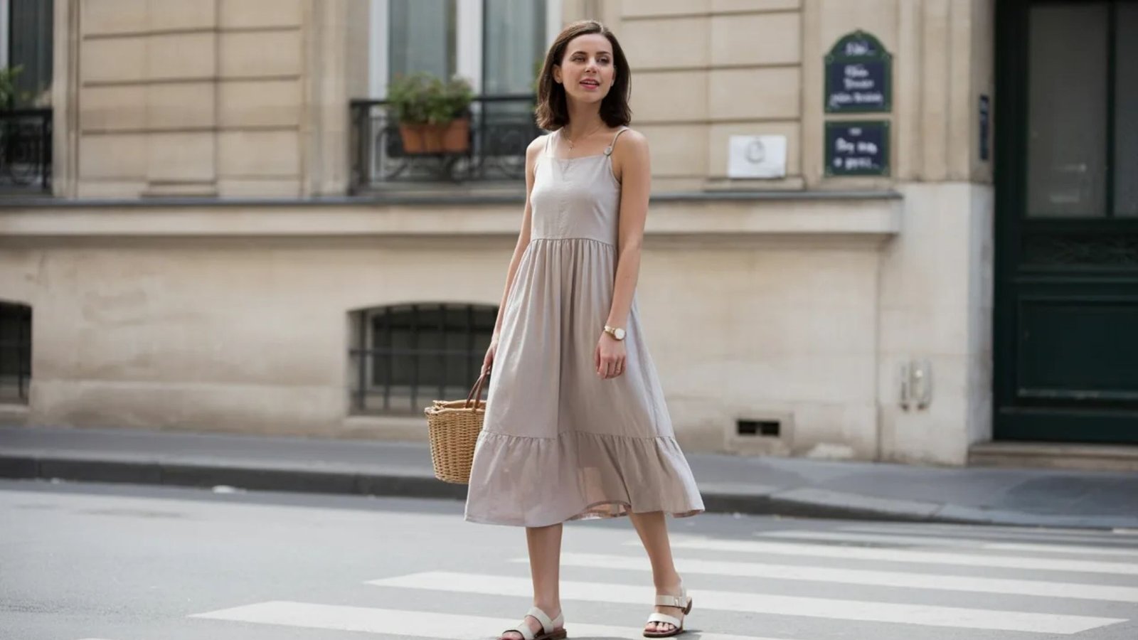 A woman in a beige dress crossing the street, with buildings and trees in the background.