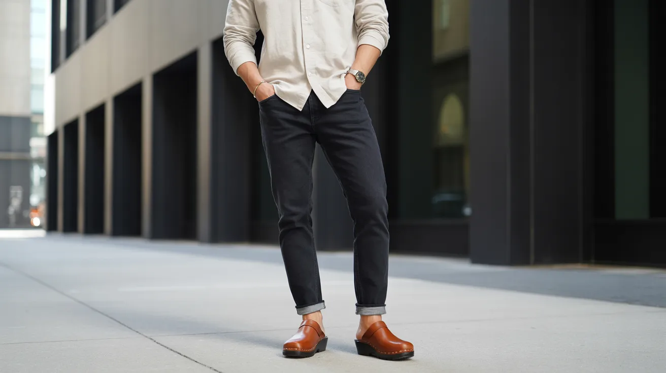 A man wearing a white shirt and black pants stands confidently, showcasing a professional appearance.