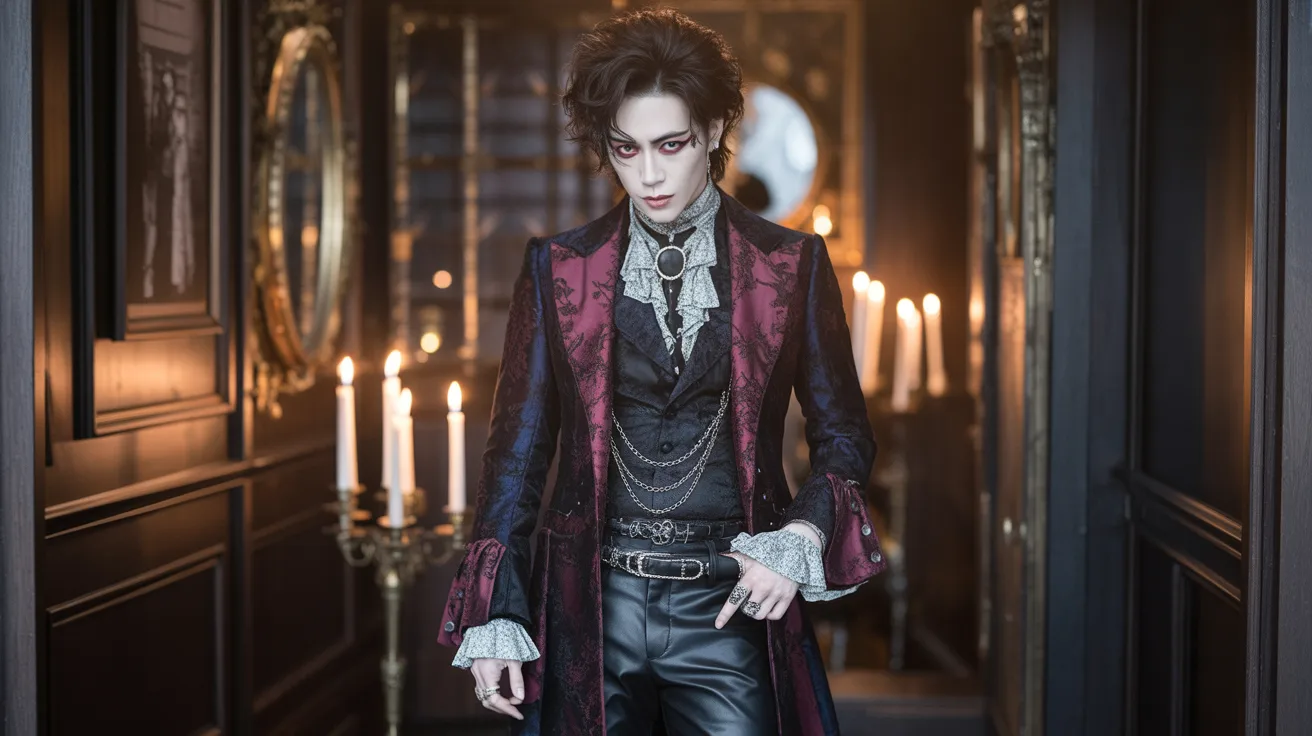 A man in a dark gothic outfit poses in a shadowy hallway, highlighting the intricate details of the surrounding decor.