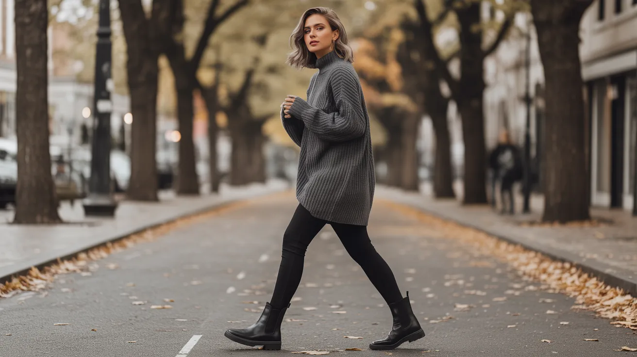 A woman in a gray sweater and black boots walks down a city street, surrounded by buildings and trees.
