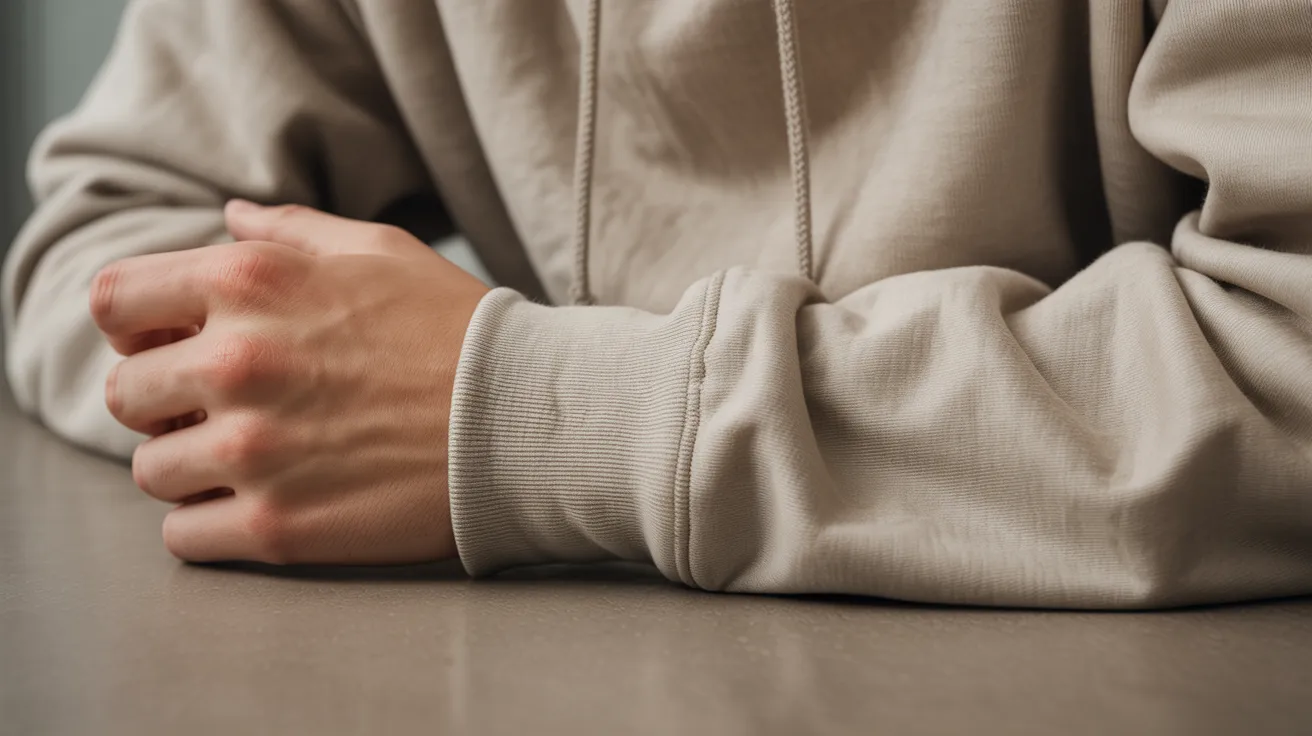 A person sitting at a table with their hands folded, looking contemplative and engaged in thought.