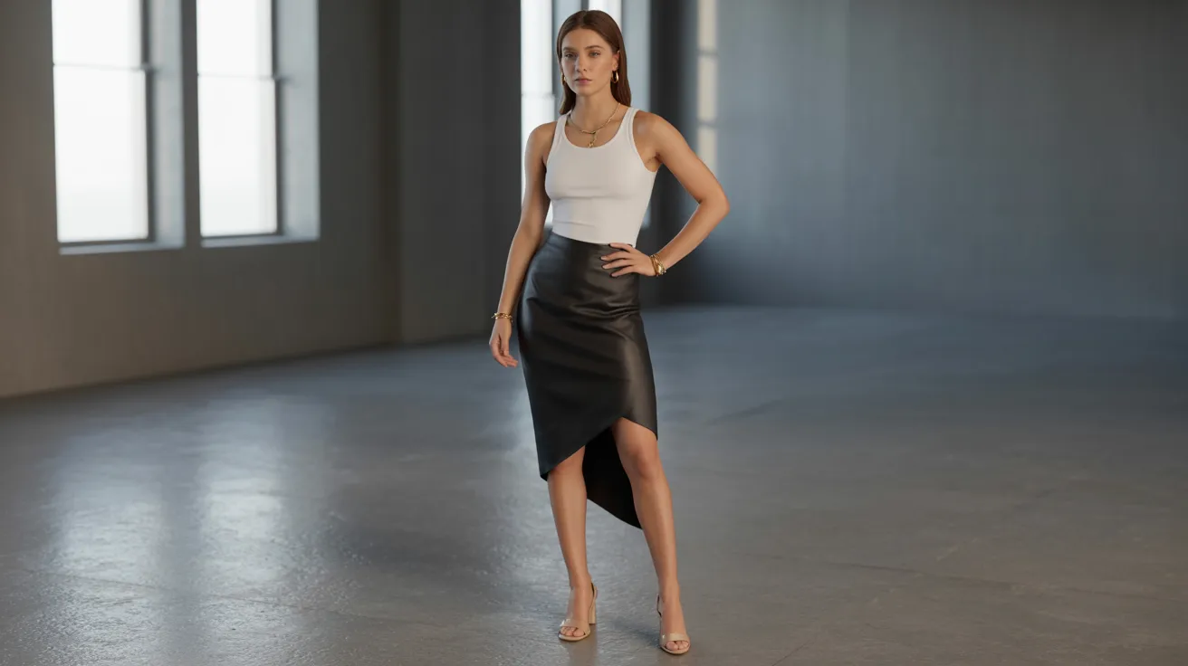 . A woman wearing a white tank top and a black leather skirt stands confidently, showcasing her stylish outfit.