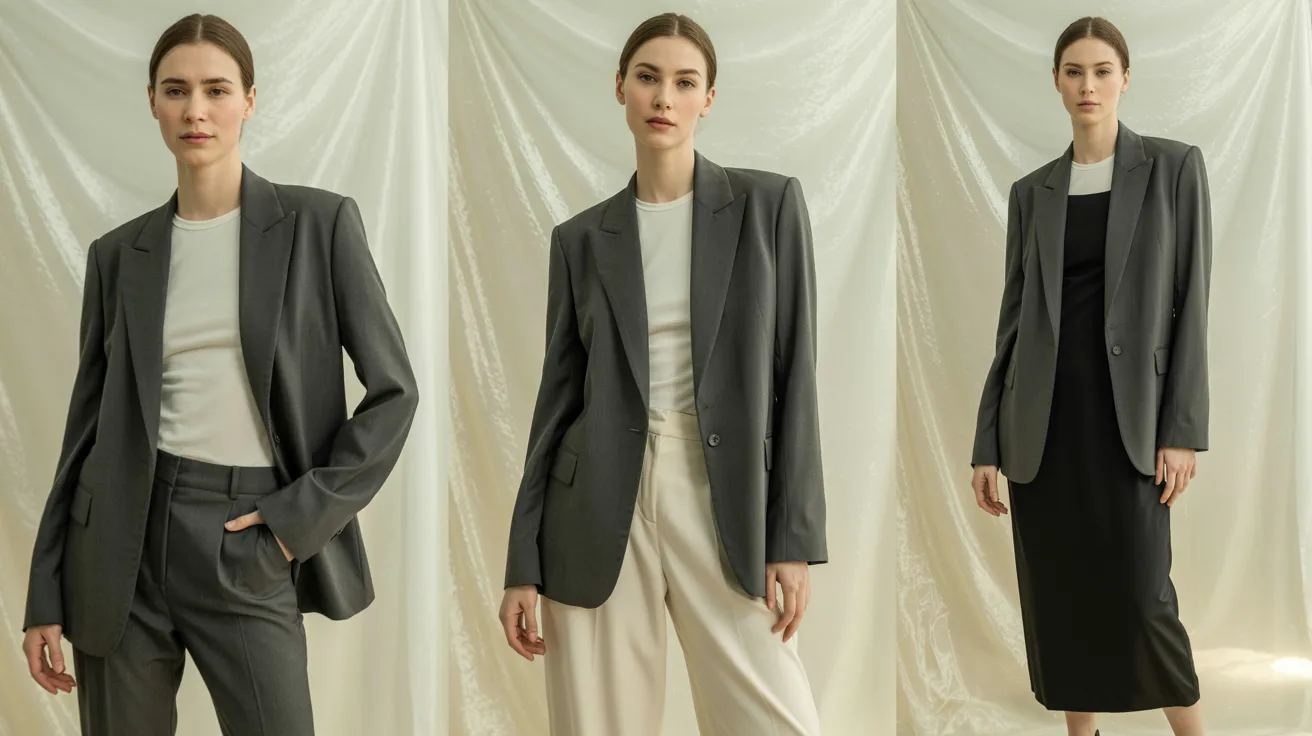 Three images of a woman in a suit, showcasing different poses and expressions in a professional setting.
