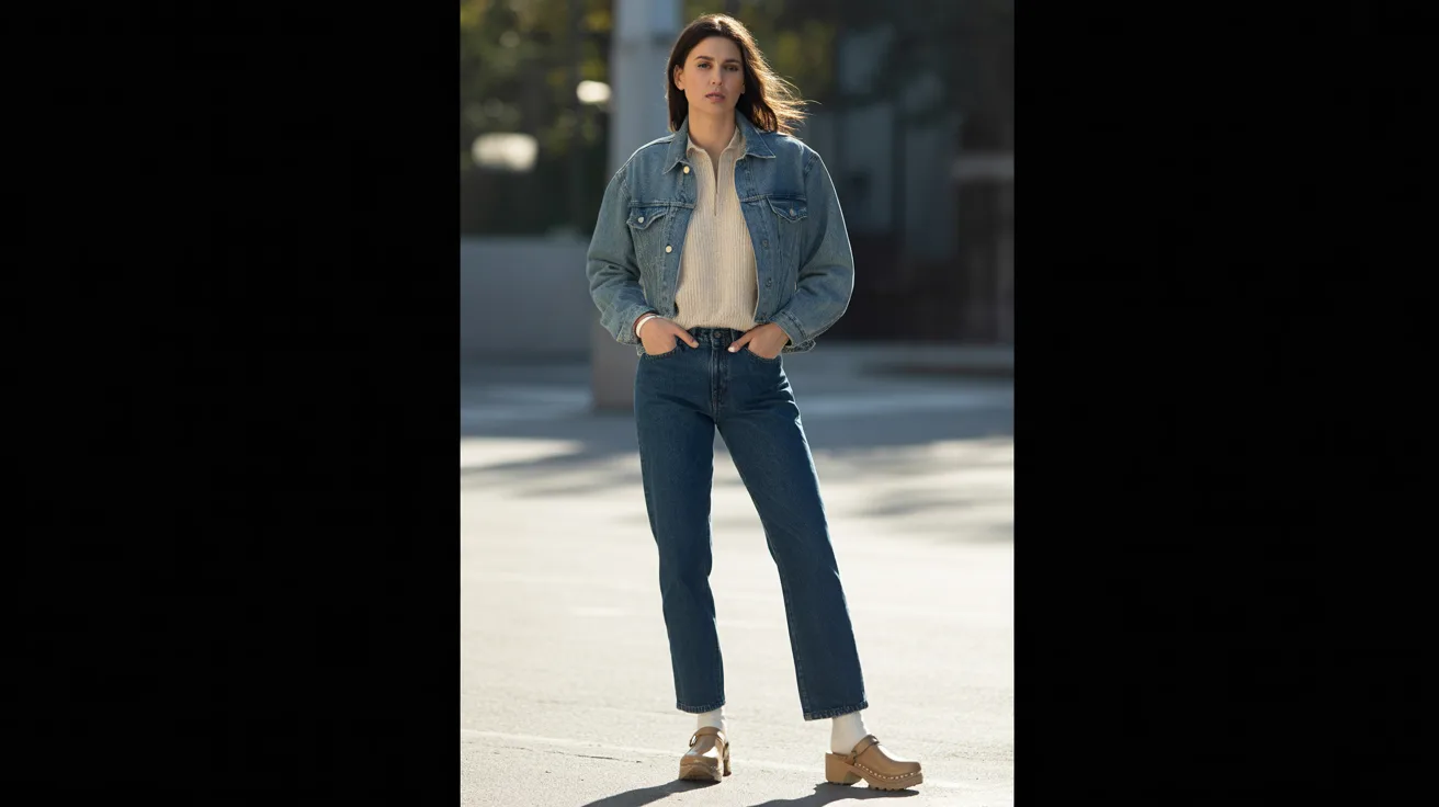 A woman in blue jeans and a denim jacket smiles, embodying a casual and trendy style.