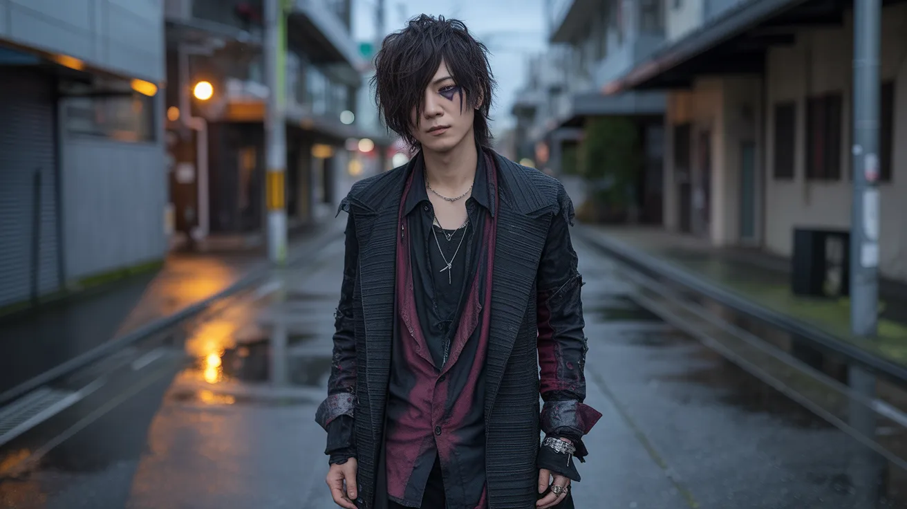 A man with long hair stands on a wet street, reflecting the surrounding lights and creating a moody atmosphere.