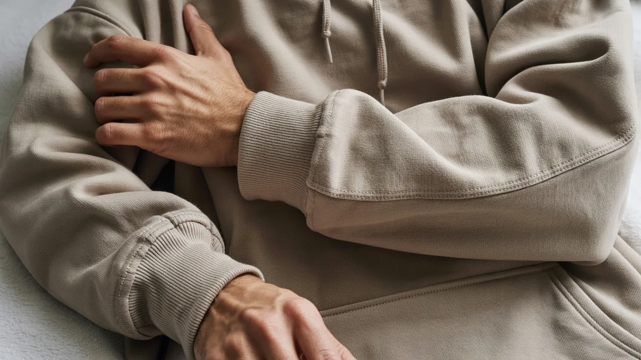 A man wearing a beige sweatshirt sits on a bed, looking relaxed and contemplative.