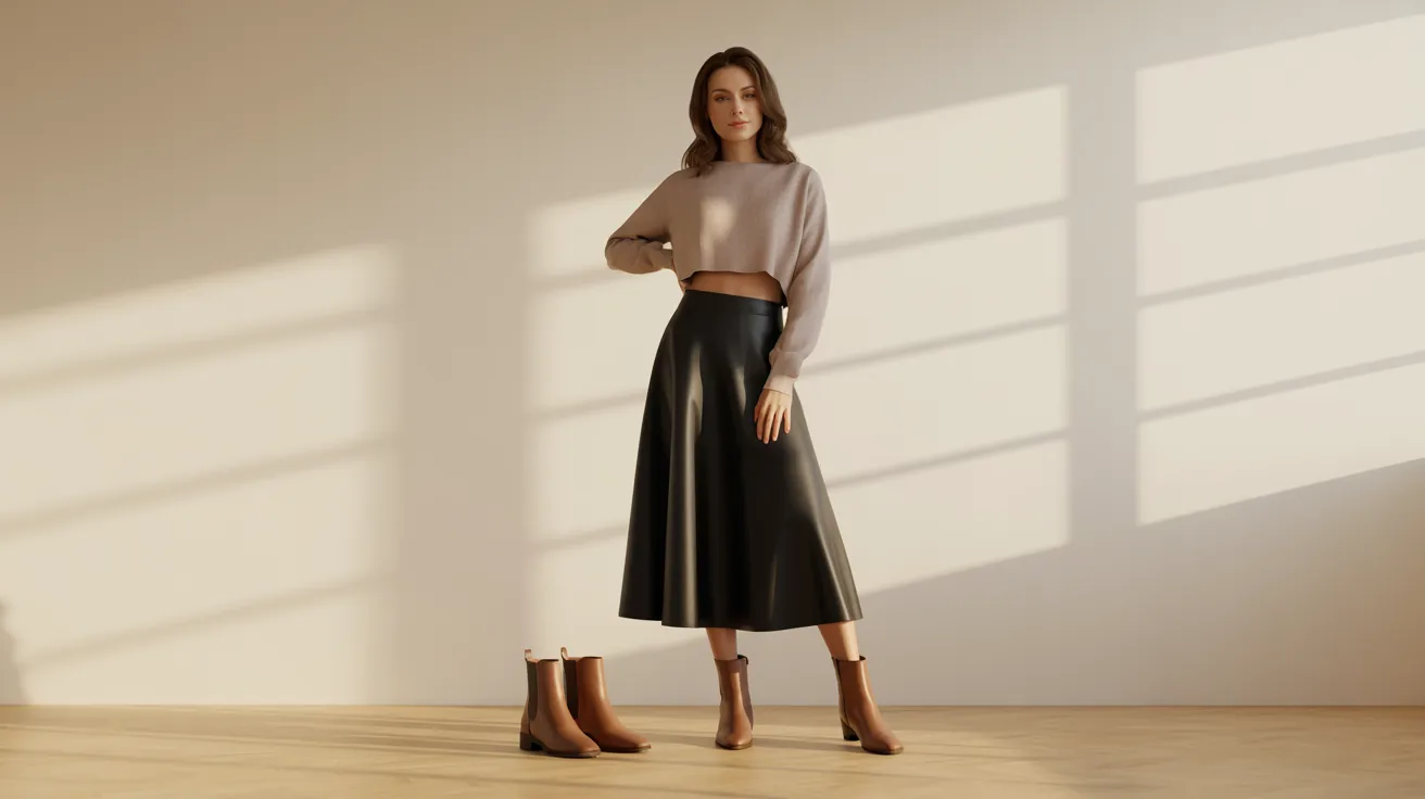 A woman dressed in a sweater and skirt poses in a cozy room, surrounded by soft lighting and neutral decor.