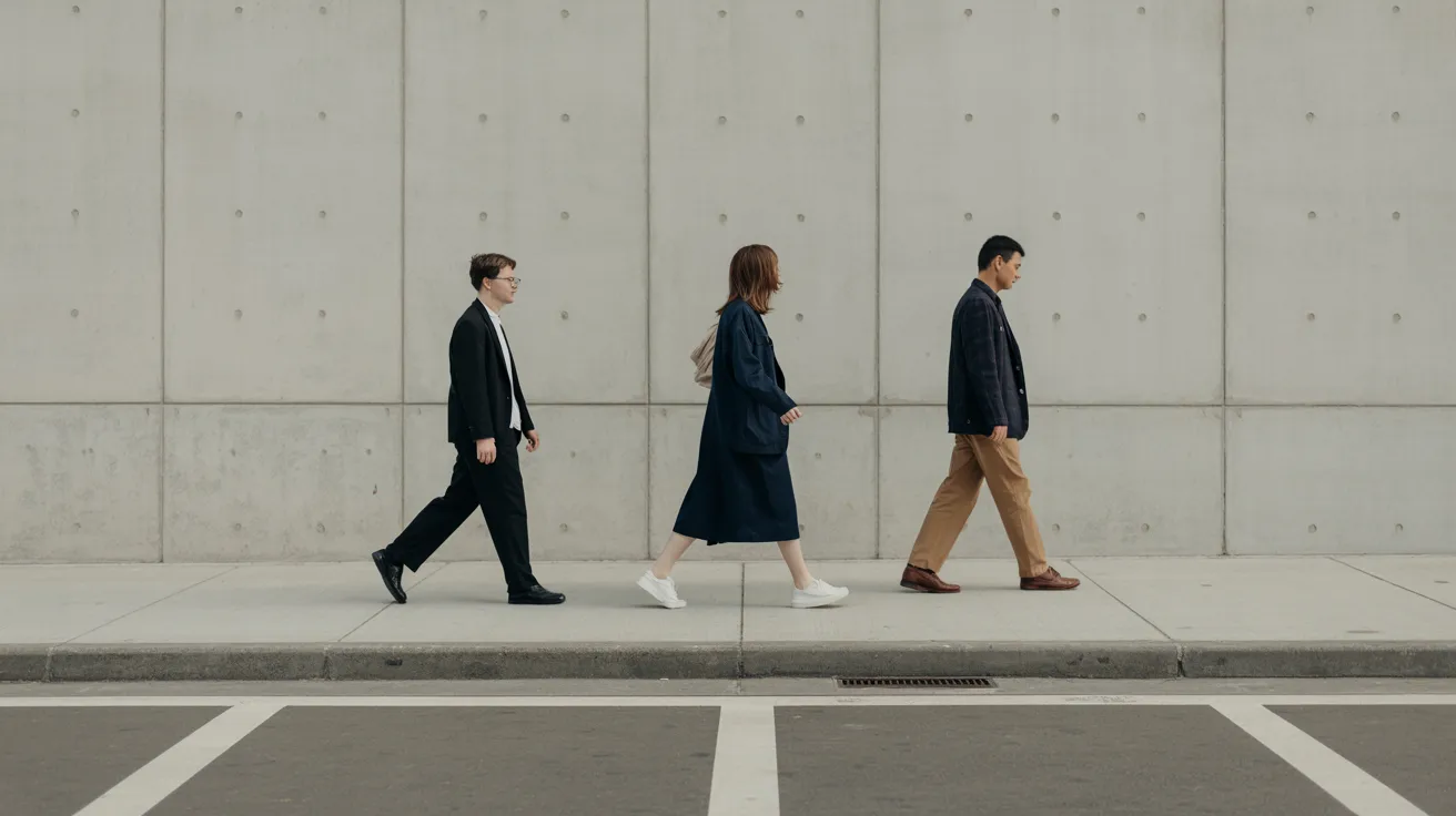 Three individuals walking together across a busy street, with buildings and vehicles in the background.