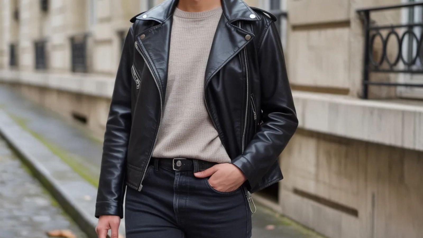 A woman wearing a black leather jacket and jeans stands confidently, showcasing a stylish and edgy look.