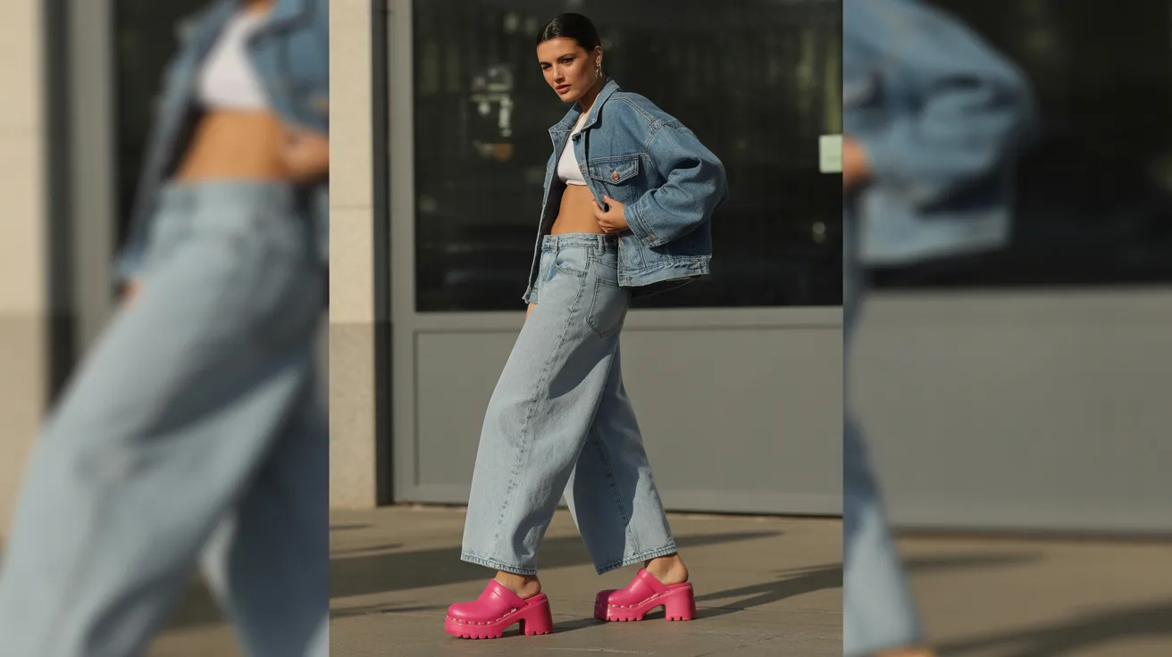 A woman dressed in a denim jacket and pink shoes poses, highlighting her trendy and relaxed fashion choice.