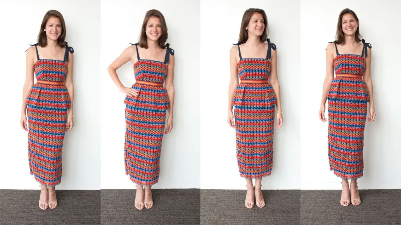 images of a woman showcasing different styles of dresses in various poses and settings.