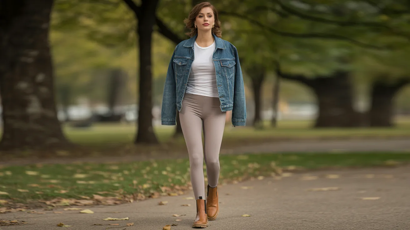 A woman in a denim jacket and leggings walks along a path surrounded by greenery.