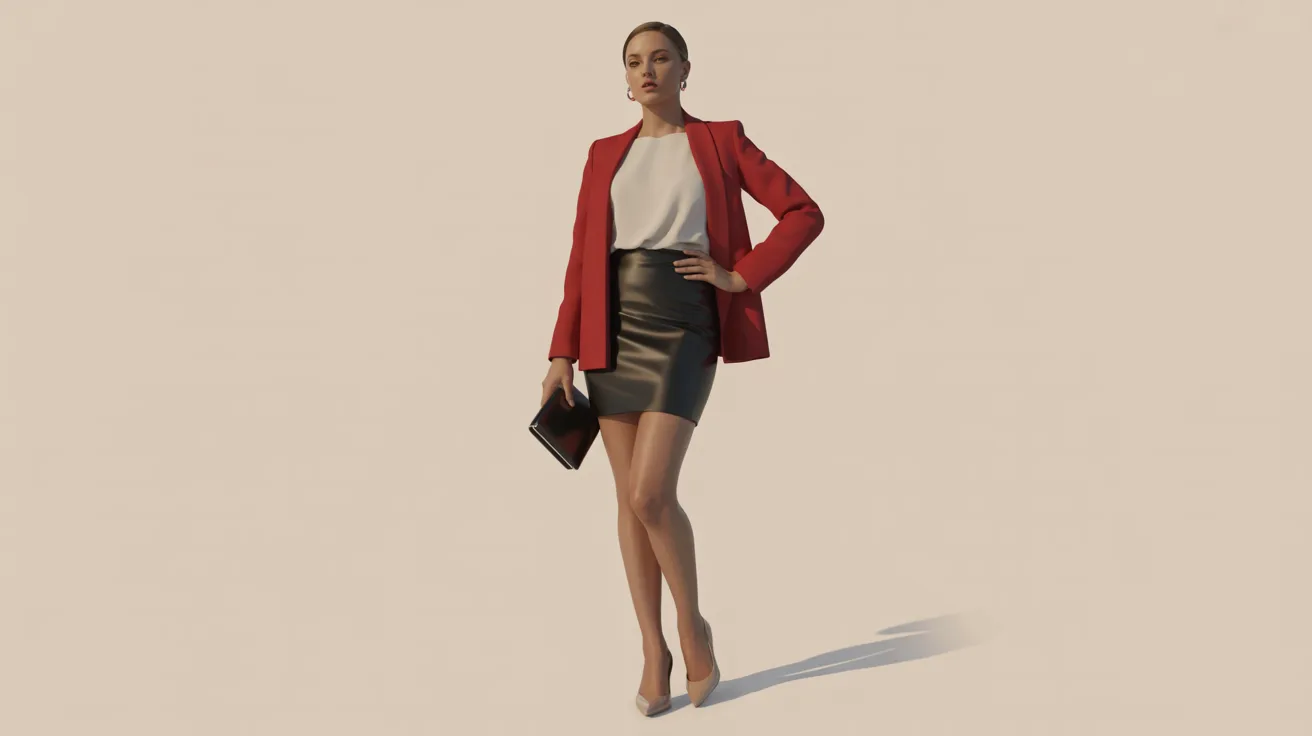A woman wearing a red blazer and a black skirt stands confidently, showcasing a professional appearance.