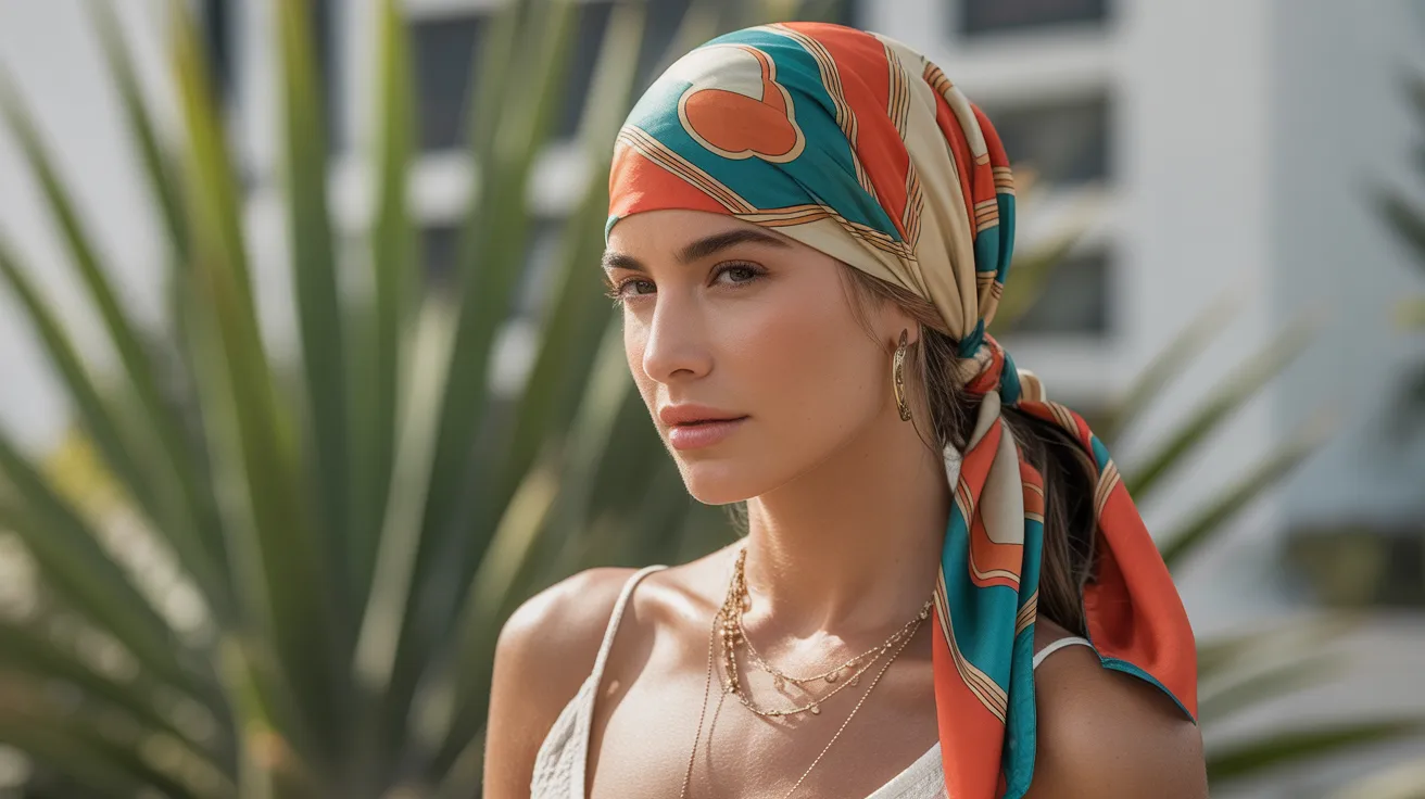 A woman wearing a colorful turban and a statement necklace, smiling softly at the camera.