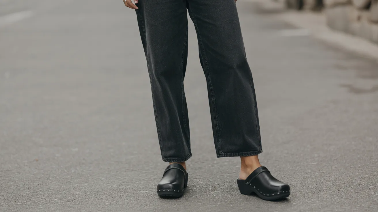 A woman dressed in black jeans and a white top stands confidently, showcasing a casual yet stylish outfit.