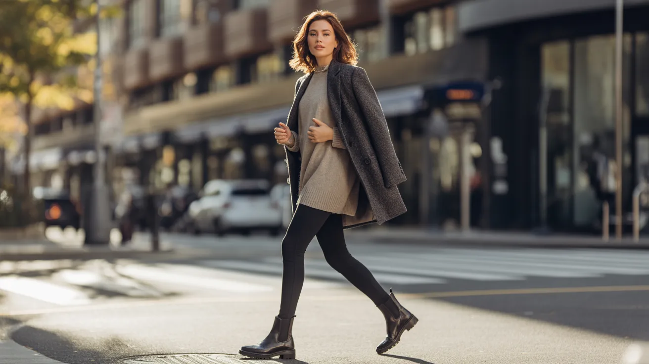 A woman wearing a coat and boots is crossing the street, with a cityscape visible in the background.
