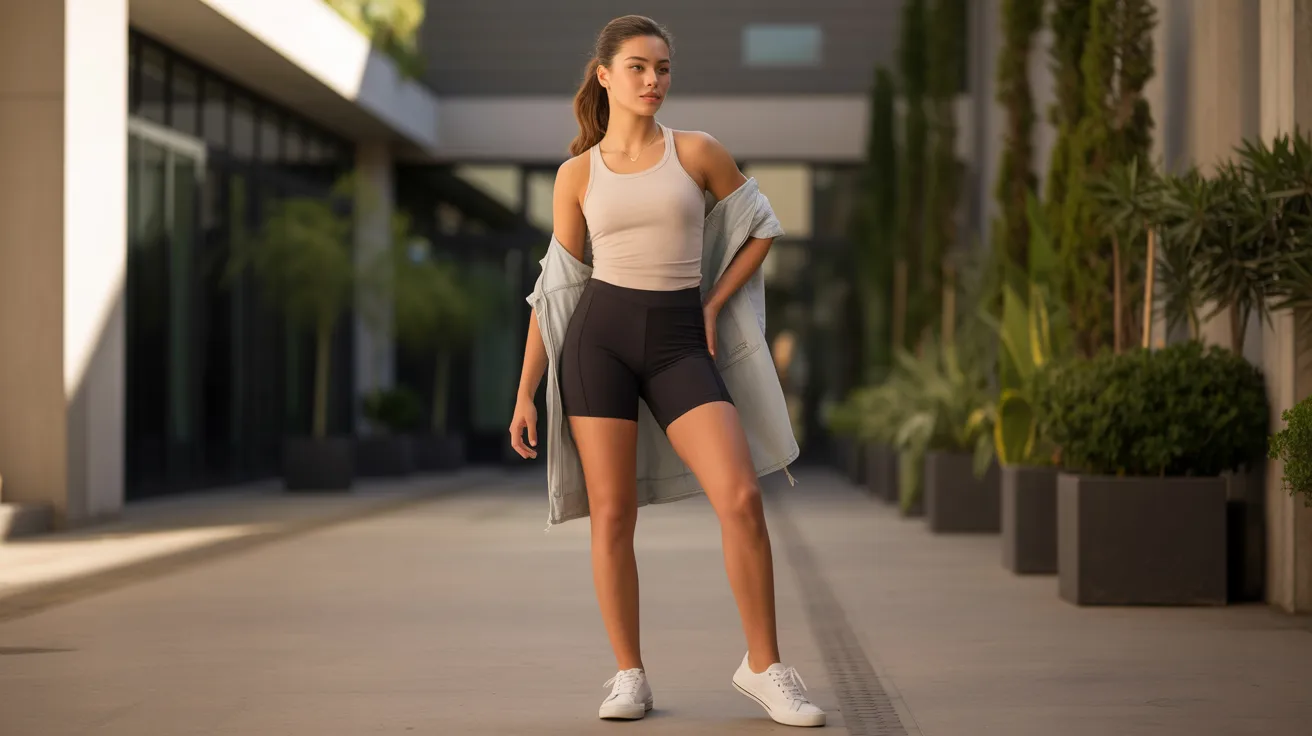 A woman wearing a black sports bra and shorts stands confidently, showcasing an athletic appearance.