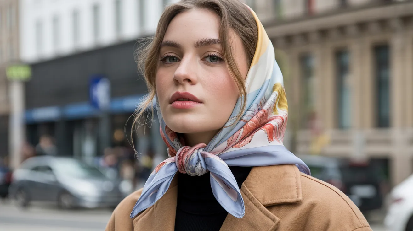 A woman in a stylish scarf strolls down a busy street, showcasing her fashion against the city backdrop.