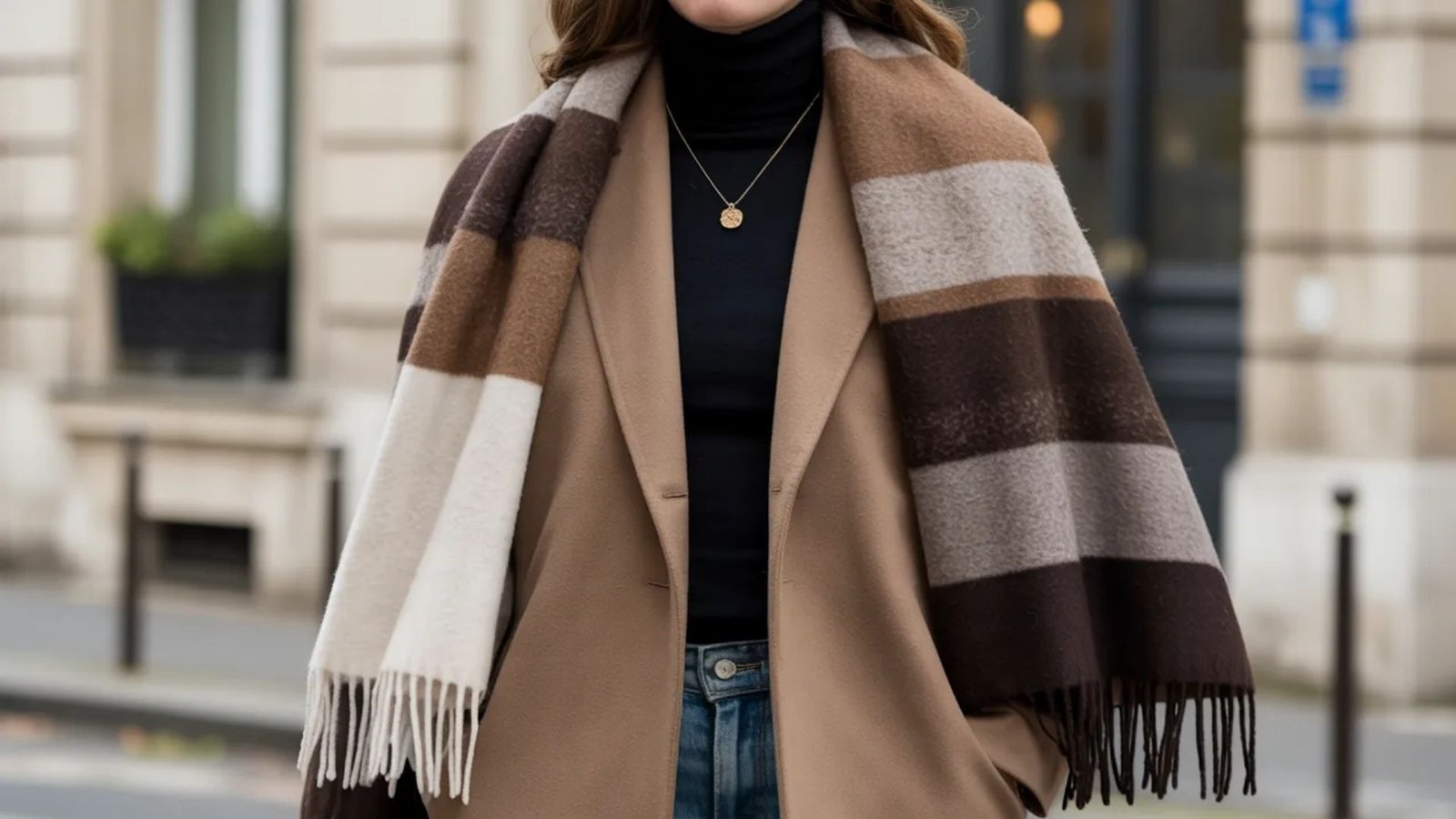 A woman wearing a stylish brown and white scarf, showcasing a blend of colors and patterns.