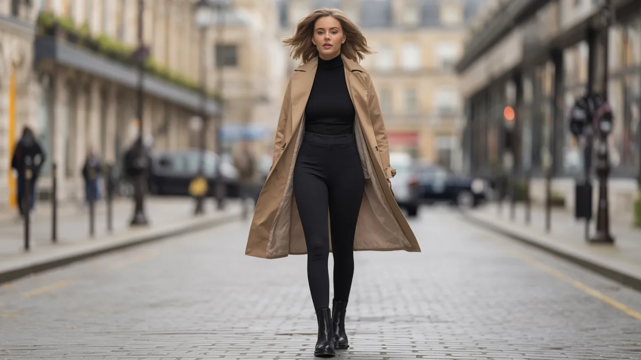  A woman in a black turtleneck and coat walks down a city street, surrounded by buildings and a clear sky.