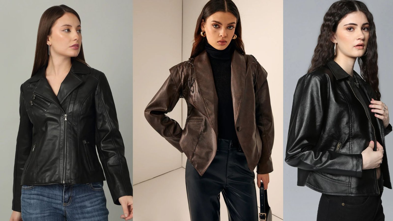  distinct styles of women's leather jackets displayed on hangers, showcasing various colors and designs.