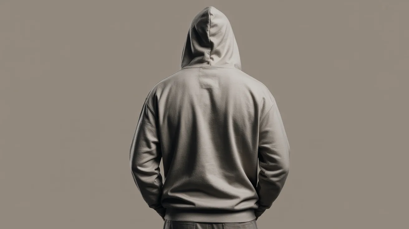  A man wearing a hoodie stands against a plain gray background, looking directly at the camera.