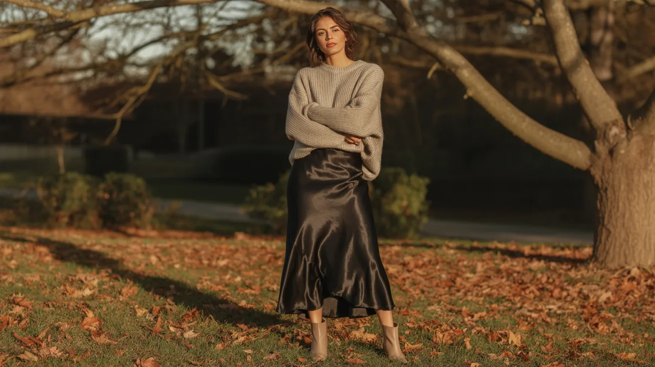 A woman in a grey sweater and black skirt stands amidst colorful fall foliage.