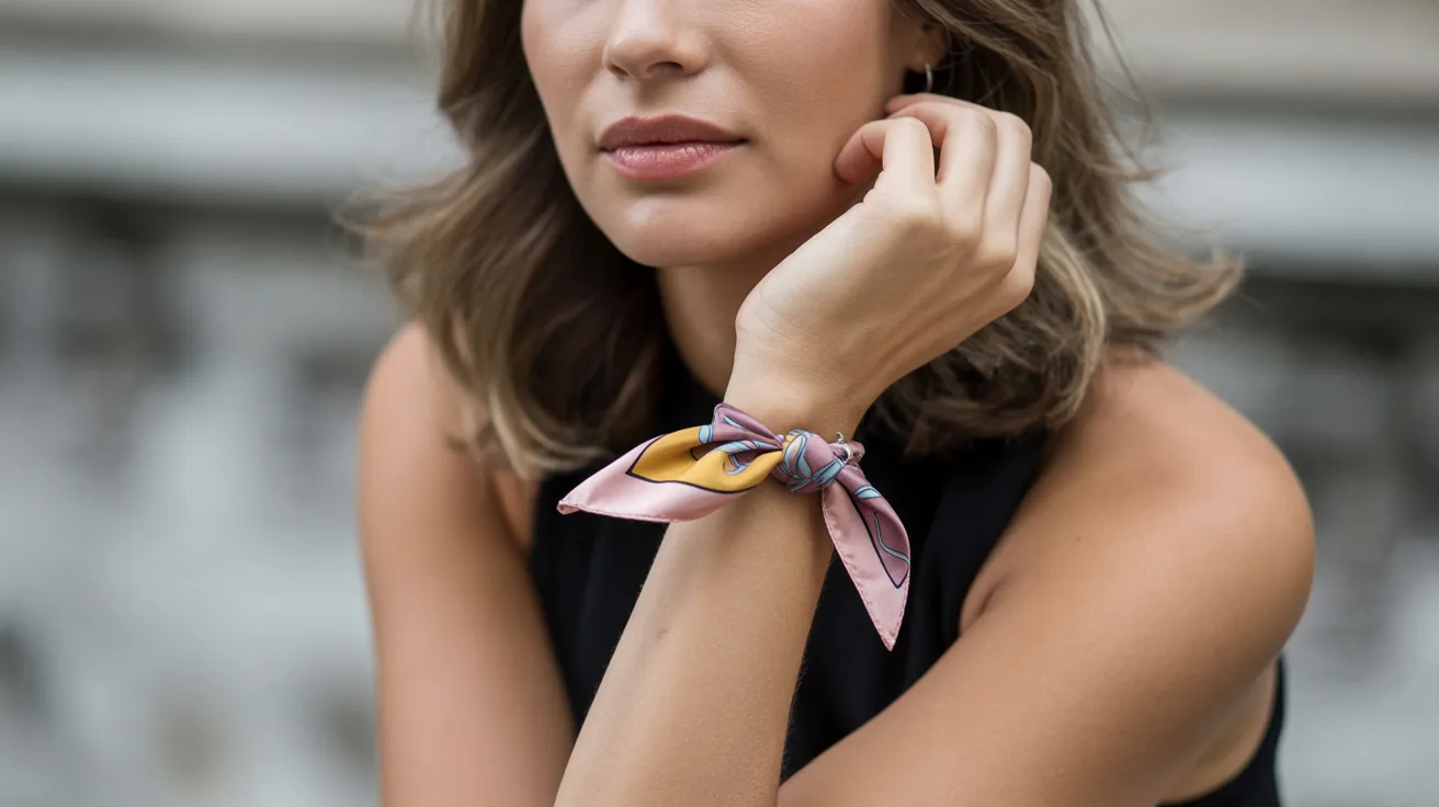 A woman wearing a pink and yellow scarf, smiling and standing against a neutral background.