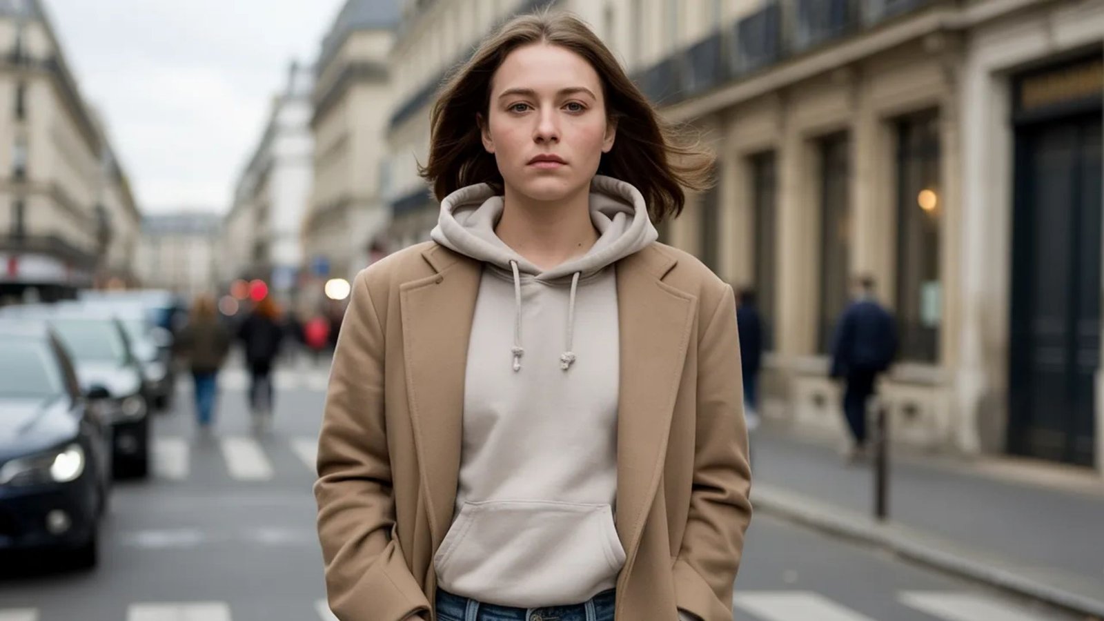 A woman wearing a hoodie and coat stands on a bustling city street, surrounded by urban buildings and pedestrians.