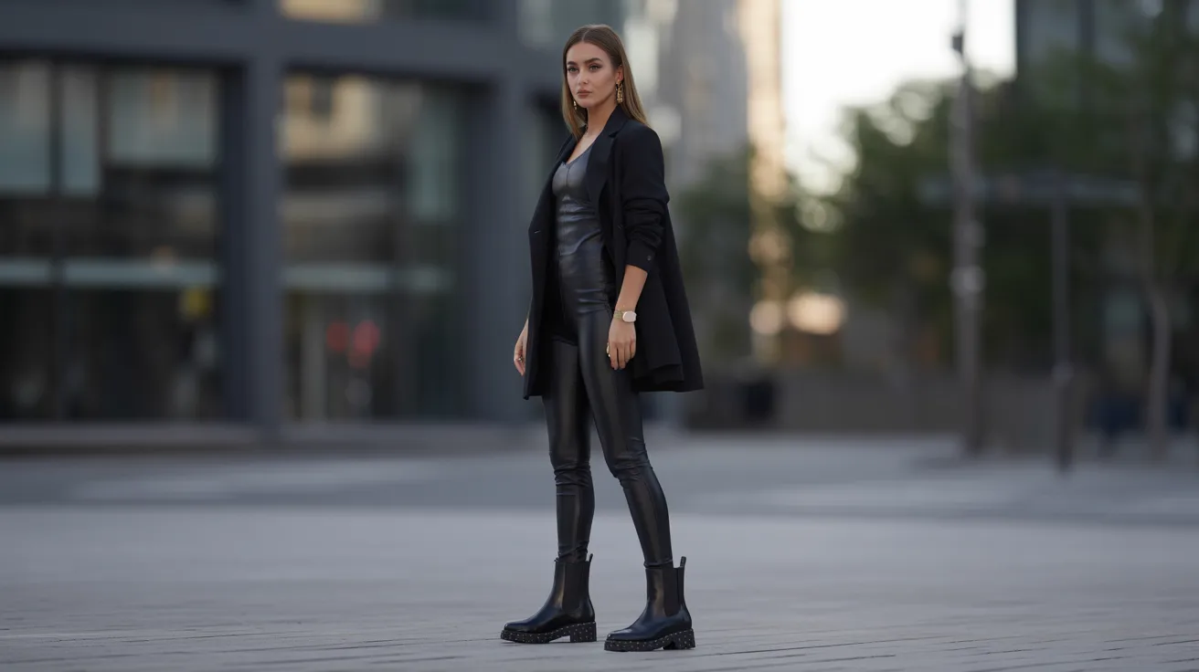 A woman in black leather pants and jacket stands confidently on a bustling city street.