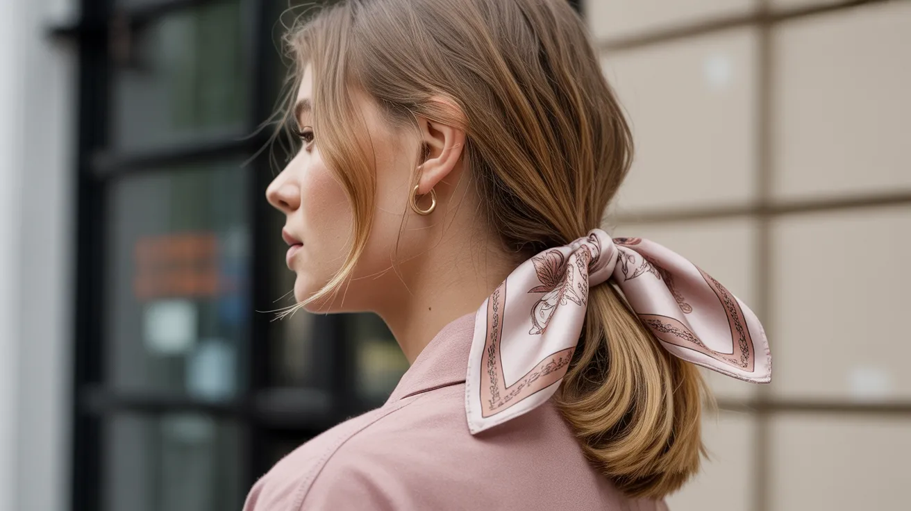 A woman wearing a pink scarf in her hair, smiling softly against a neutral background.