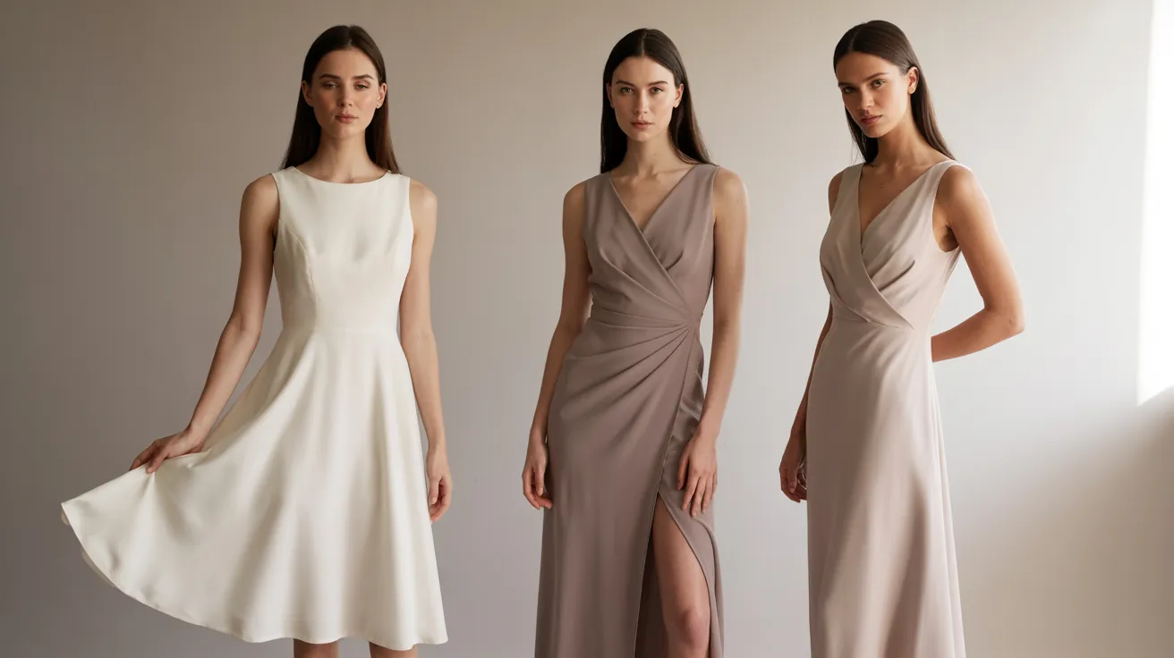 Three women in colorful dresses stand side by side, showcasing a variety of styles and hues.