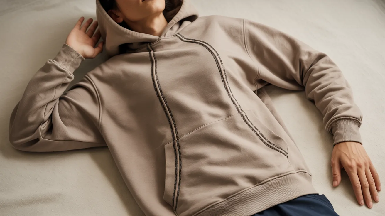  A woman in a beige sweatshirt and blue pants stands casually, showcasing a relaxed and comfortable outfit.