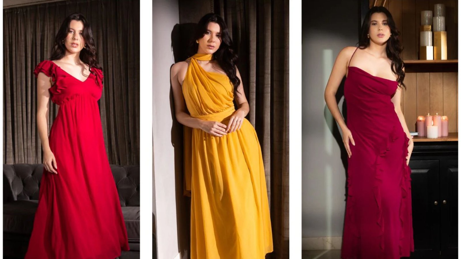 Four uniquely styled dresses in different colors, representing a variety of fashion trends and personal styles.