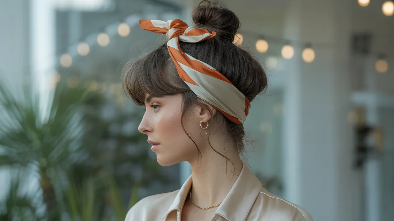 A woman with a headband that has orange and white stripes.