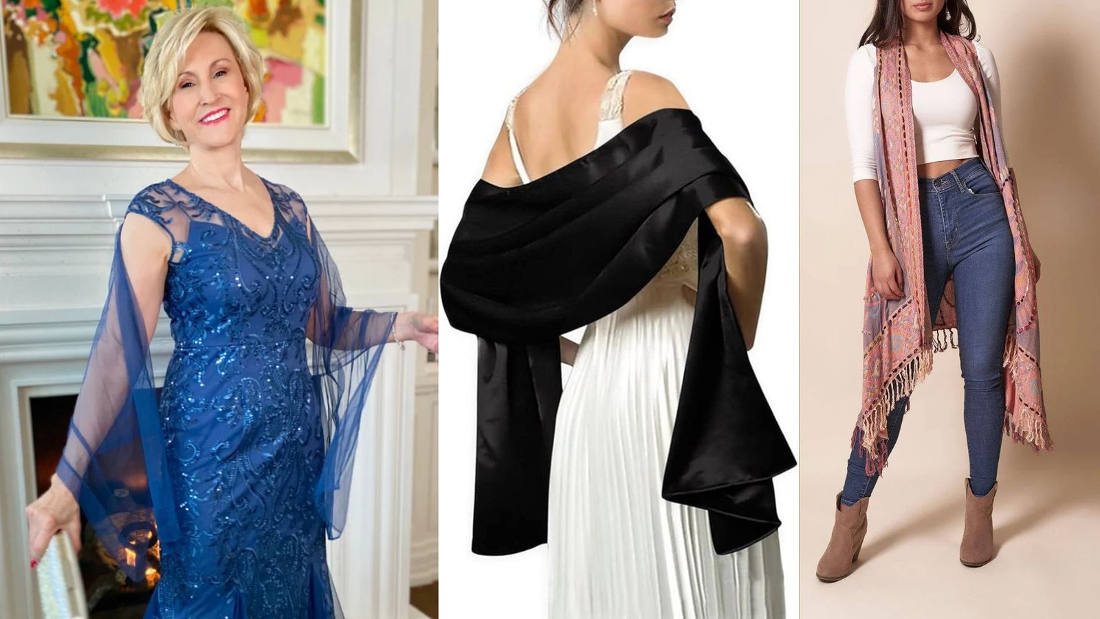 Four images of women wearing various dresses and scarves, showcasing different styles and colors.