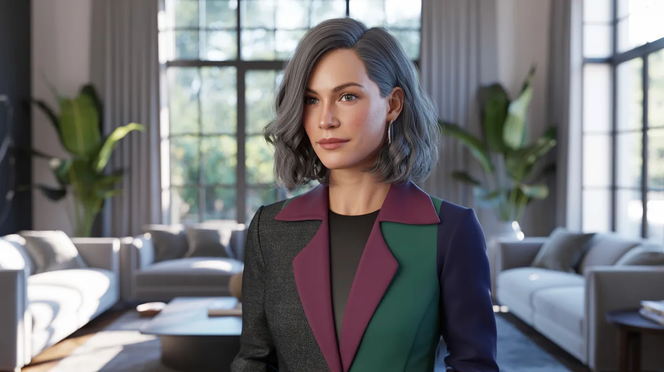A woman wearing a colorful jacket stands in a cozy living room, surrounded by warm decor and natural light.