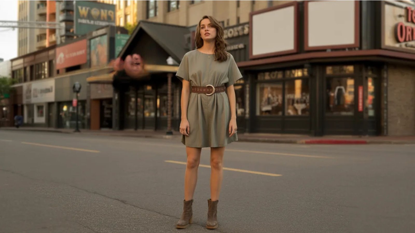 A woman wearing a dress and boots stands confidently on a city street, surrounded by urban scenery.
