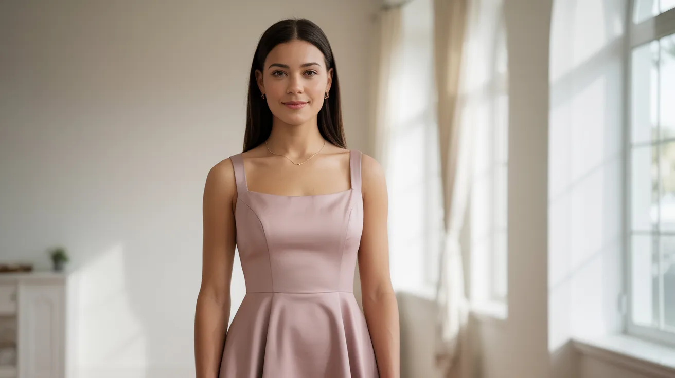 A woman in a pink dress stands gracefully in a well-lit room, surrounded by soft furnishings and decor.