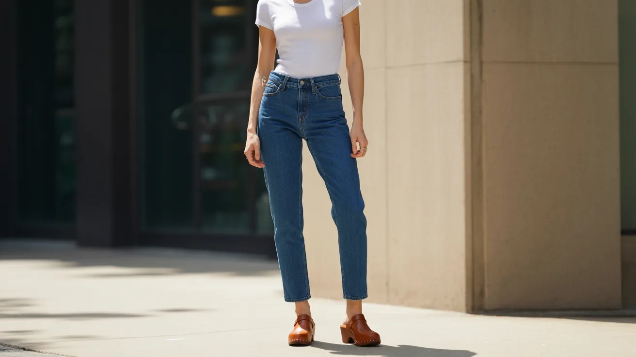 A woman wearing a white t-shirt and blue jeans stands casually, smiling at the camera.