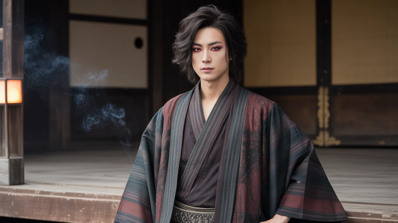 A man in a kimono poses on a wooden platform, highlighting cultural heritage and traditional Japanese fashion.