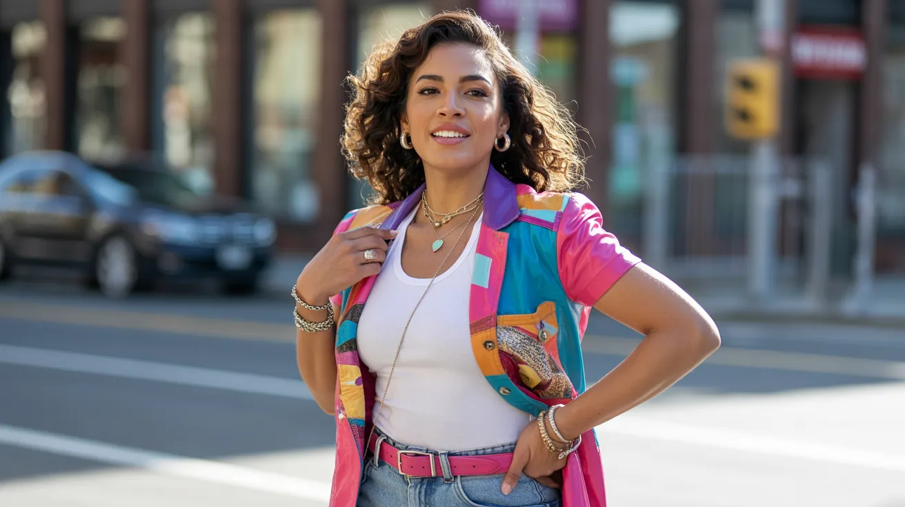 A woman wearing a colorful jacket and jeans stands confidently on a city street.