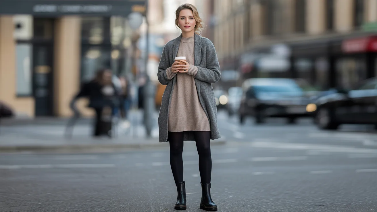 A woman wearing a sweater and coat holds a cup of coffee, standing outdoors in a casual setting.