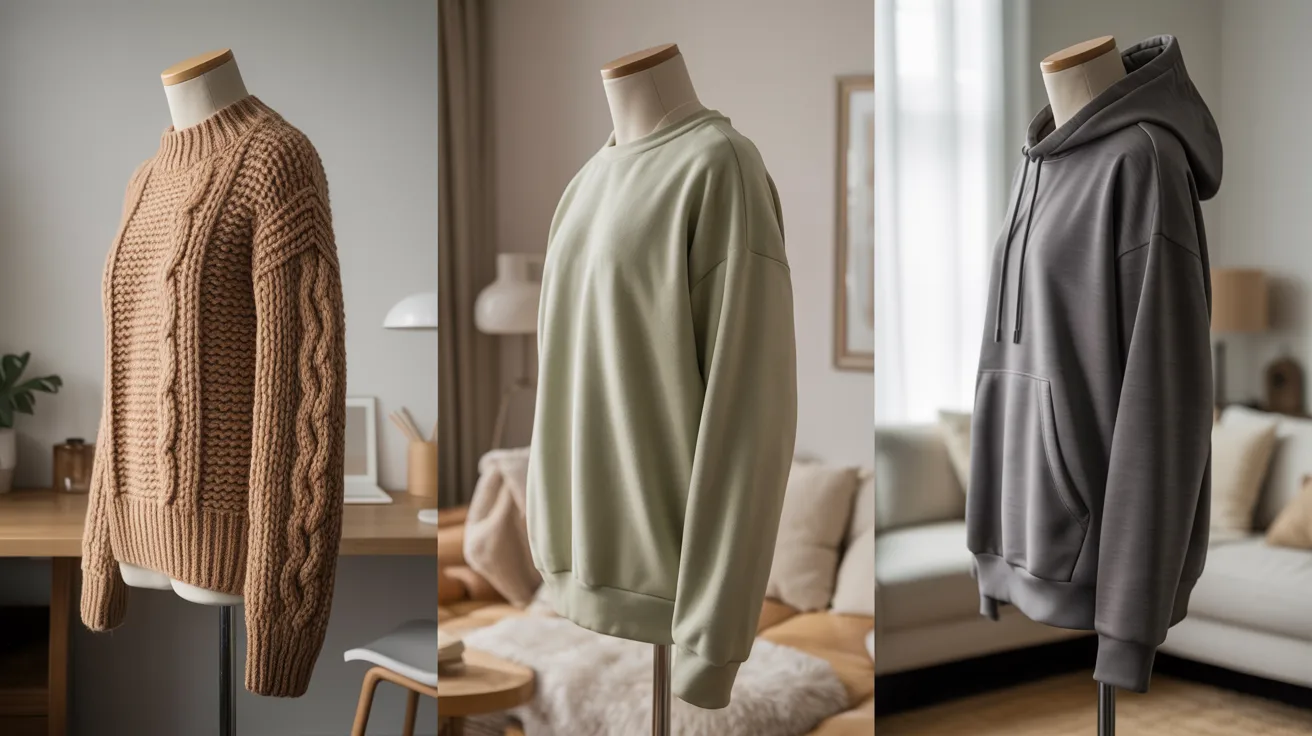 Three stylish sweaters showcased on a rack in a bright room, highlighting their textures and designs.