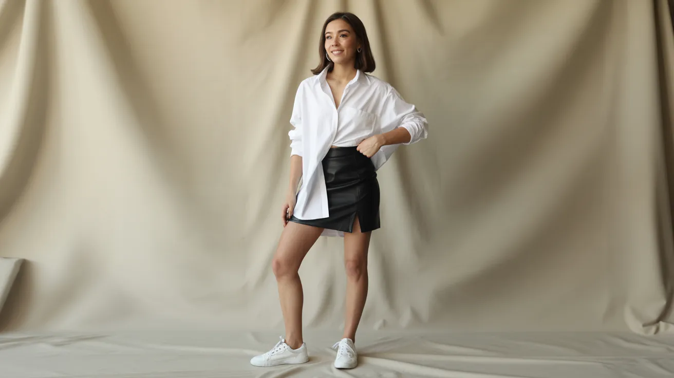 A woman wearing a white shirt and a black skirt stands confidently, showcasing a professional appearance.