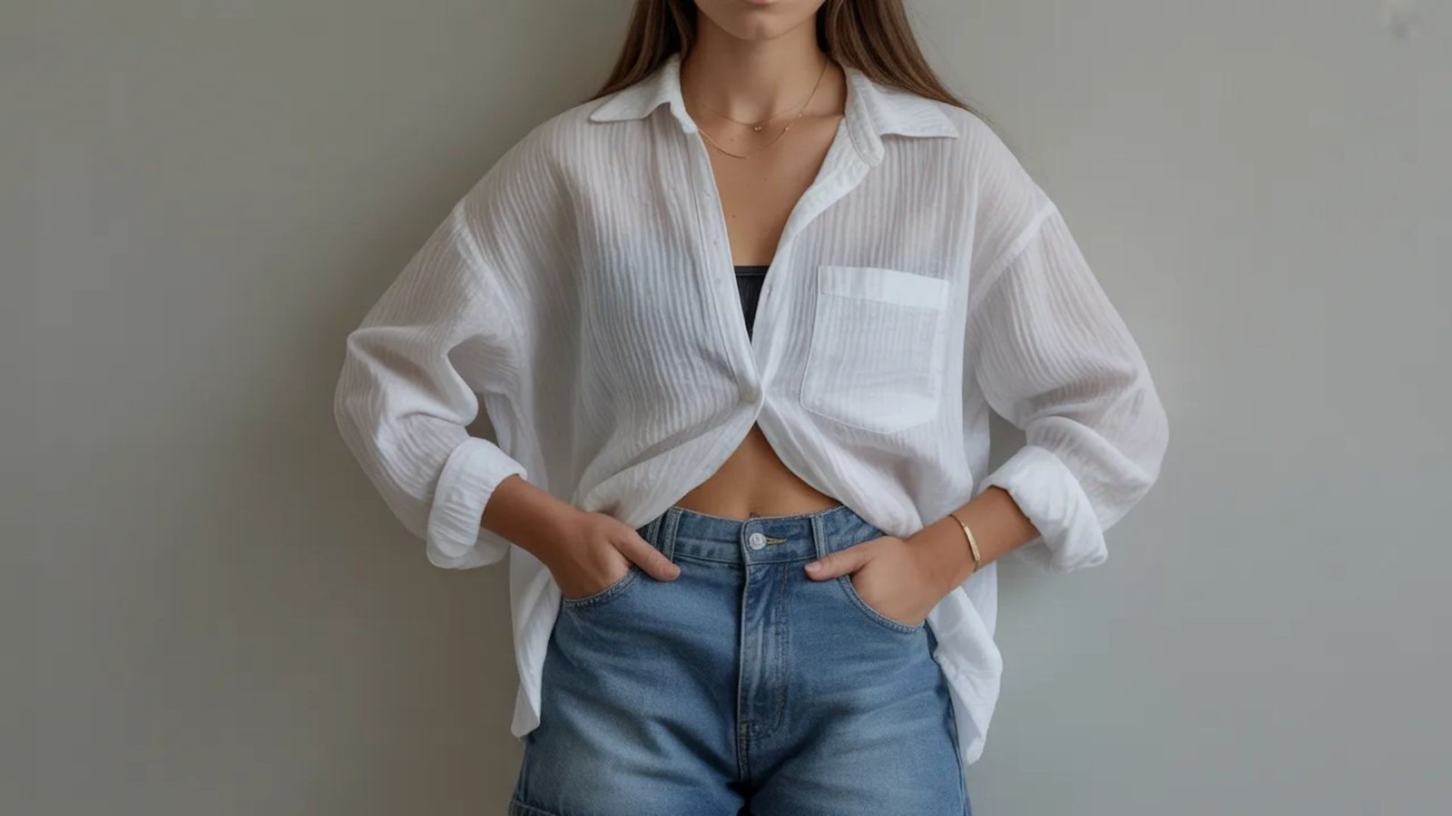 A woman in a white shirt and blue denim shorts stands casually, showcasing a relaxed summer outfit.