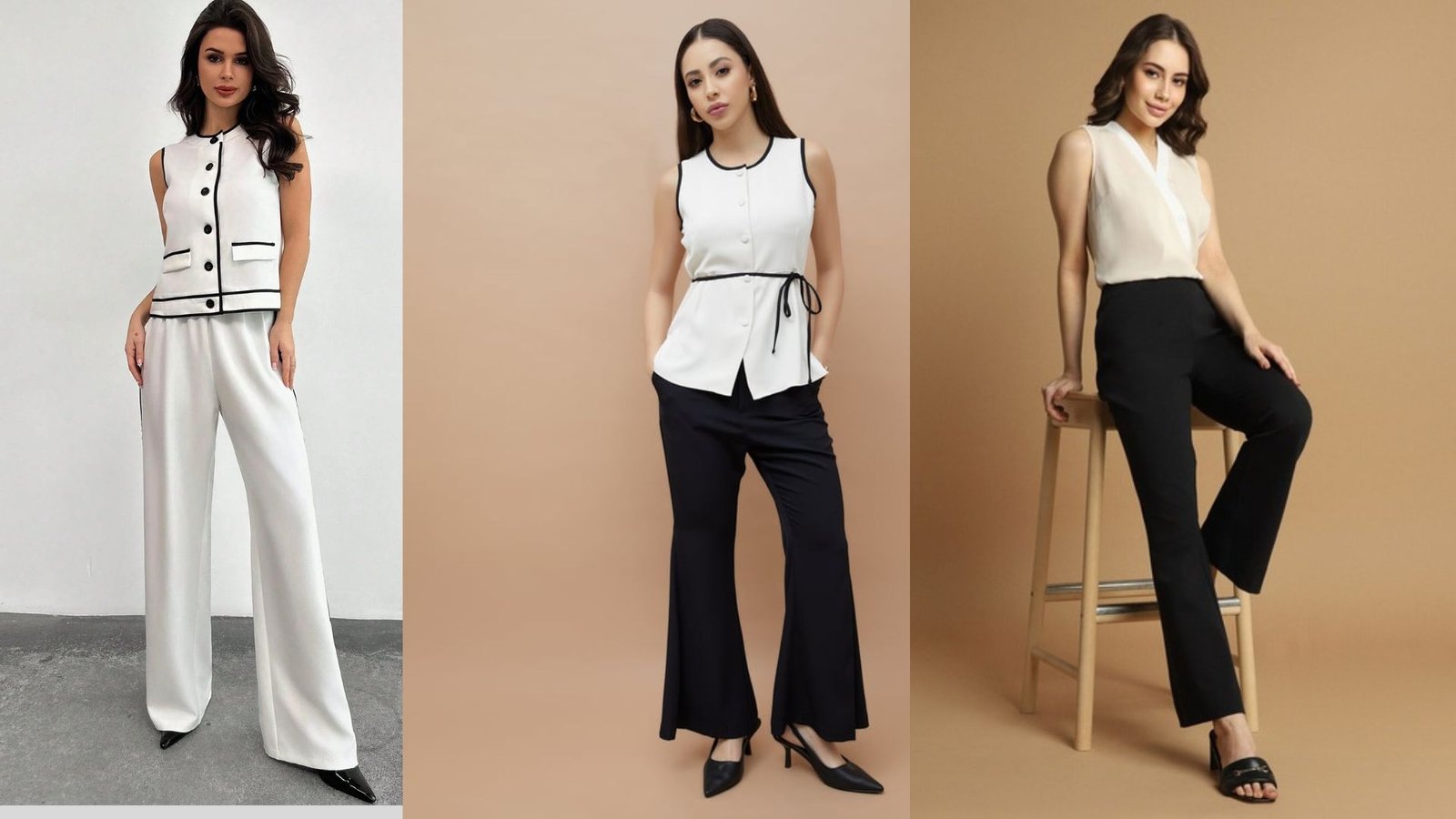 styles of pants and shirts displayed together, showcasing various colors and designs for casual and formal wear.